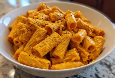 A white bowl filled with rigatoni pasta coated in a rich, orange butternut squash pasta sauce and sprinkled with black pepper.