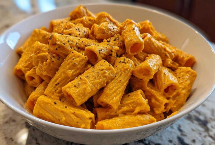 A white bowl filled with rigatoni pasta coated in a rich, orange butternut squash pasta sauce and sprinkled with black pepper.