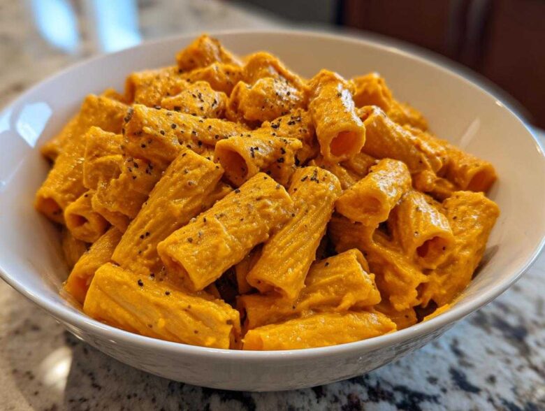 A white bowl filled with rigatoni pasta coated in a rich, orange butternut squash pasta sauce and sprinkled with black pepper.