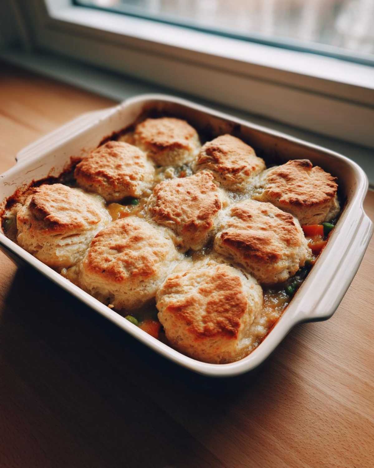 A baking dish filled with bubbling chicken pot pie casserole topped with eight golden brown, fluffy biscuits.