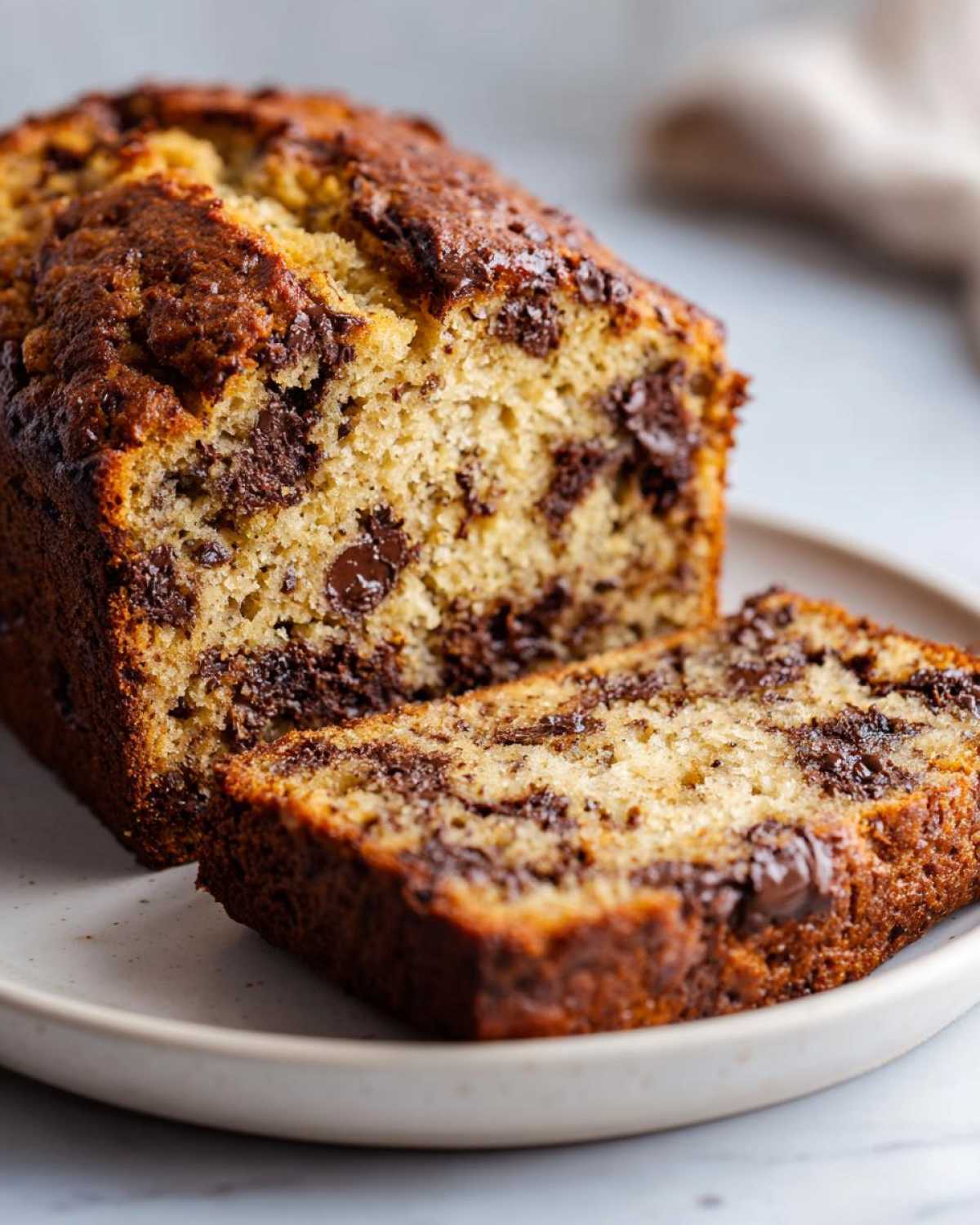 A close-up of a moist chocolate chip vegan banana bread loaf with one slice cut and resting in front.