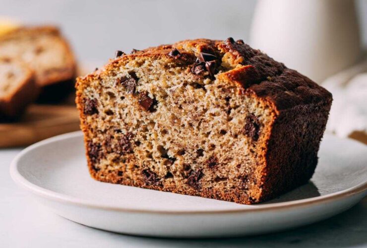 Close-up of a thick slice of moist vegan banana bread loaded with chocolate chips, served on a white plate.