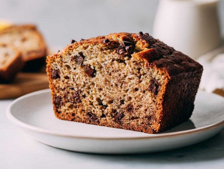 Close-up of a thick slice of moist vegan banana bread loaded with chocolate chips, served on a white plate.