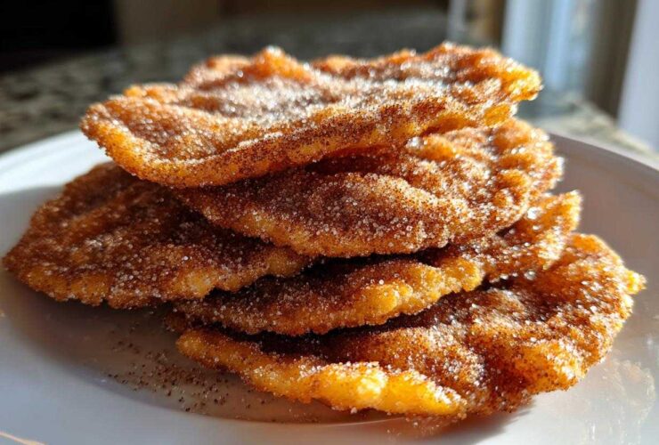 Close-up of a stack of four golden-brown buñuelos generously coated in cinnamon sugar.