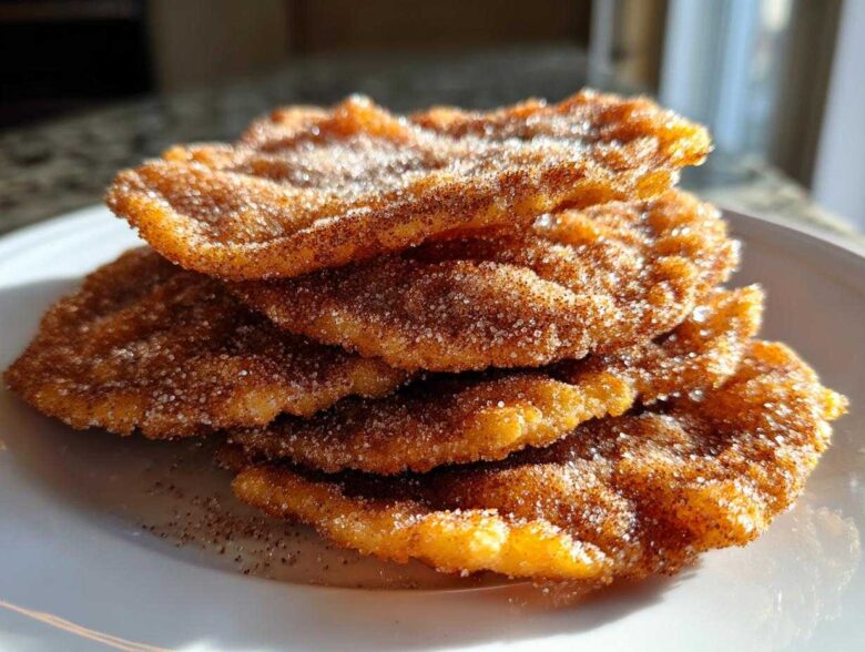Close-up of a stack of four golden-brown buñuelos generously coated in cinnamon sugar.