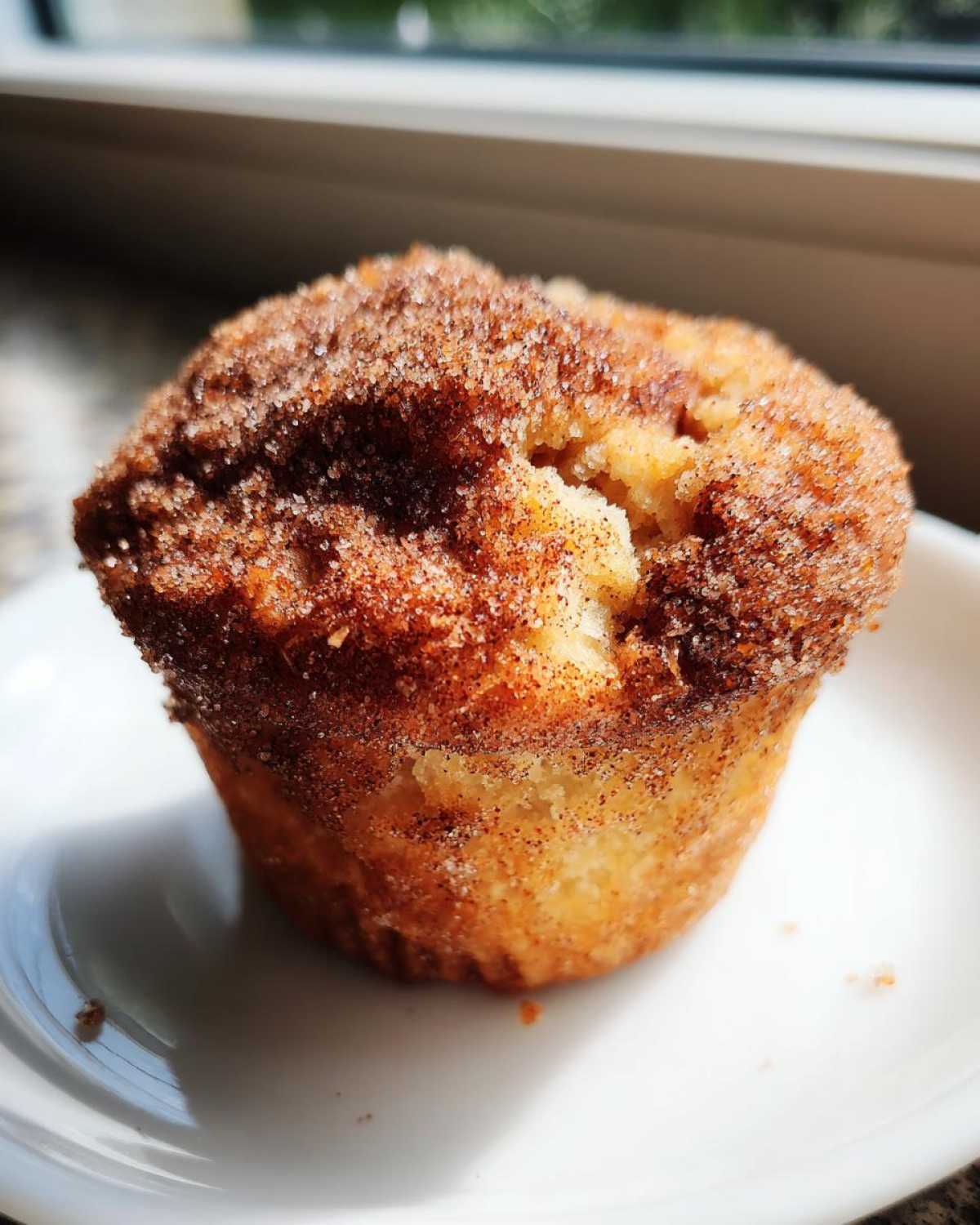 A single, golden-brown cinnamon sugar french toast muffin sitting on a white plate, heavily coated in cinnamon sugar.