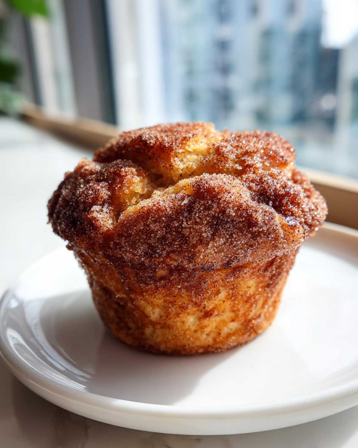 A single, golden-brown cinnamon sugar french toast muffins topped generously with sparkling cinnamon sugar.