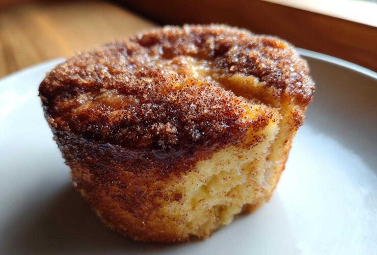 A close-up, featured shot of one perfectly baked cinnamon sugar french toast muffins with a crunchy, sugary topping.