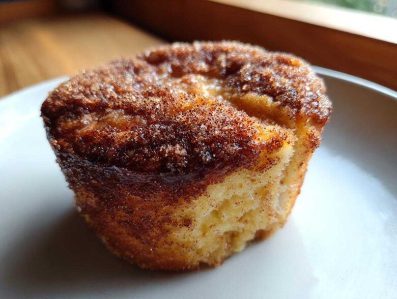 A close-up, featured shot of one perfectly baked cinnamon sugar french toast muffins with a crunchy, sugary topping.