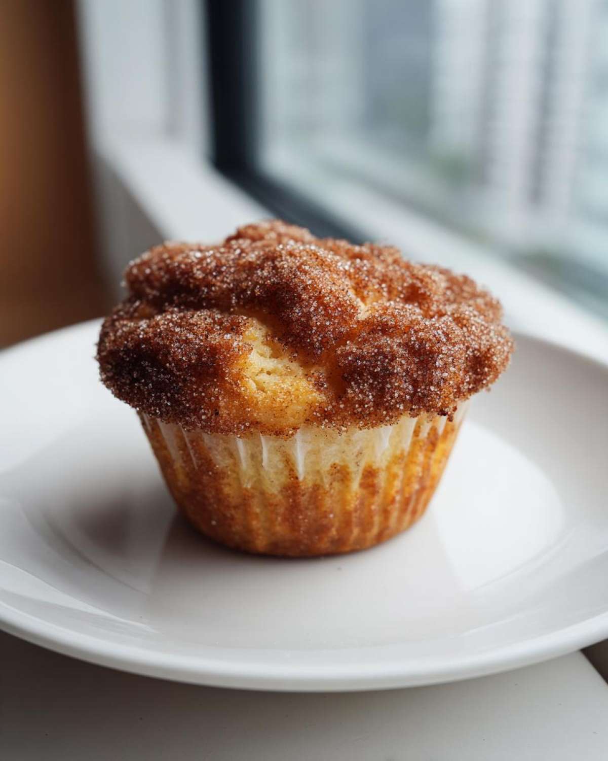A single, perfectly baked cinnamon sugar french toast muffins topped generously with coarse cinnamon sugar.