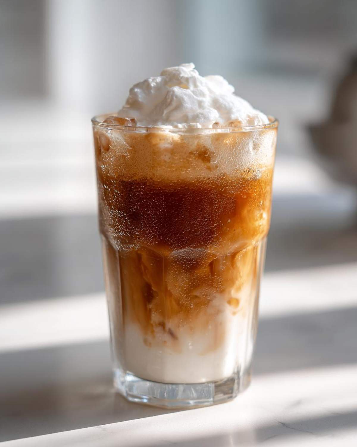 A tall glass of Copycat Starbucks Iced White Chocolate Mocha layered with milk, espresso, and topped with whipped cream.