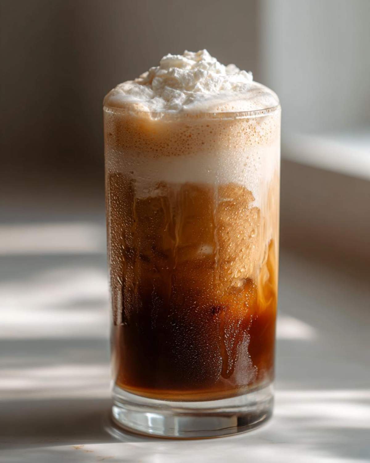 Tall glass of Copycat Starbucks Iced White Chocolate Mocha with ice, dark coffee, and a mound of whipped cream.