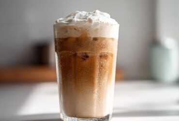 A tall glass filled with a Copycat Starbucks Iced White Chocolate Mocha, layered with coffee, milk, and topped with whipped cream.