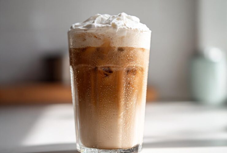 A tall glass filled with a Copycat Starbucks Iced White Chocolate Mocha, layered with coffee, milk, and topped with whipped cream.