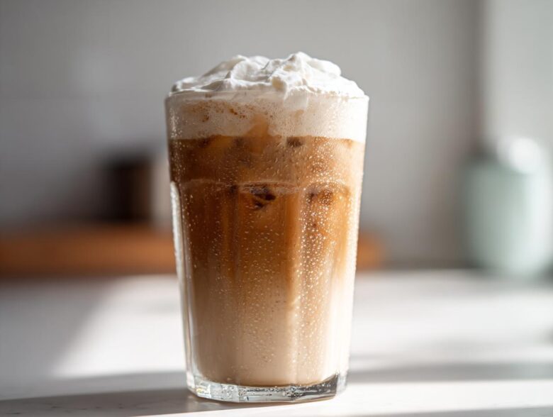 A tall glass filled with a Copycat Starbucks Iced White Chocolate Mocha, layered with coffee, milk, and topped with whipped cream.