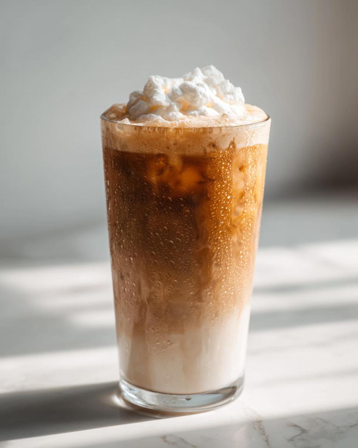 A tall glass of Copycat Starbucks Iced White Chocolate Mocha with condensation, layered coffee, and whipped cream.