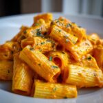Close-up of rigatoni pasta coated in a rich, creamy butternut squash pasta sauce, garnished with parsley.