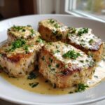 Four seared pork tenderloin medallions covered in a creamy garlic butter sauce and fresh parsley.