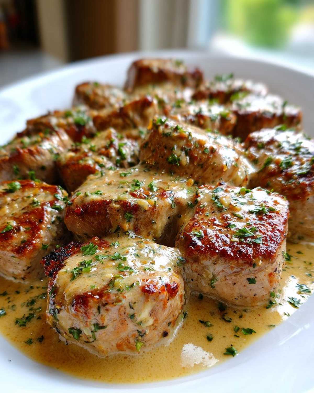 Close-up of seared One-Pan Creamy Garlic Butter Pork Tenderloin Medallions covered in sauce and parsley.