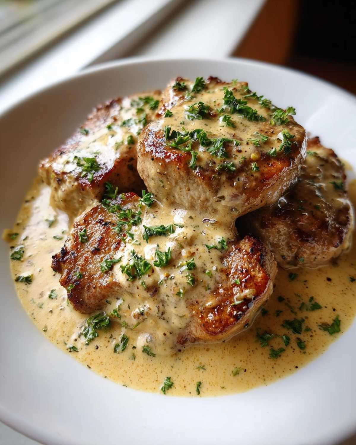 Close-up of seared One-Pan Creamy Garlic Butter Pork Tenderloin Medallions smothered in a rich, creamy sauce and garnished with parsley.