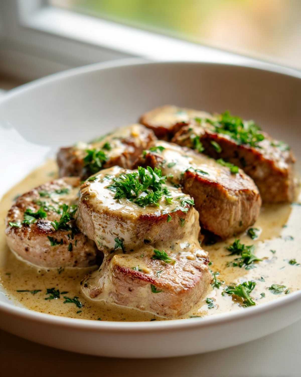 Close-up of seared pork tenderloin medallions smothered in creamy garlic butter sauce and topped with fresh parsley.