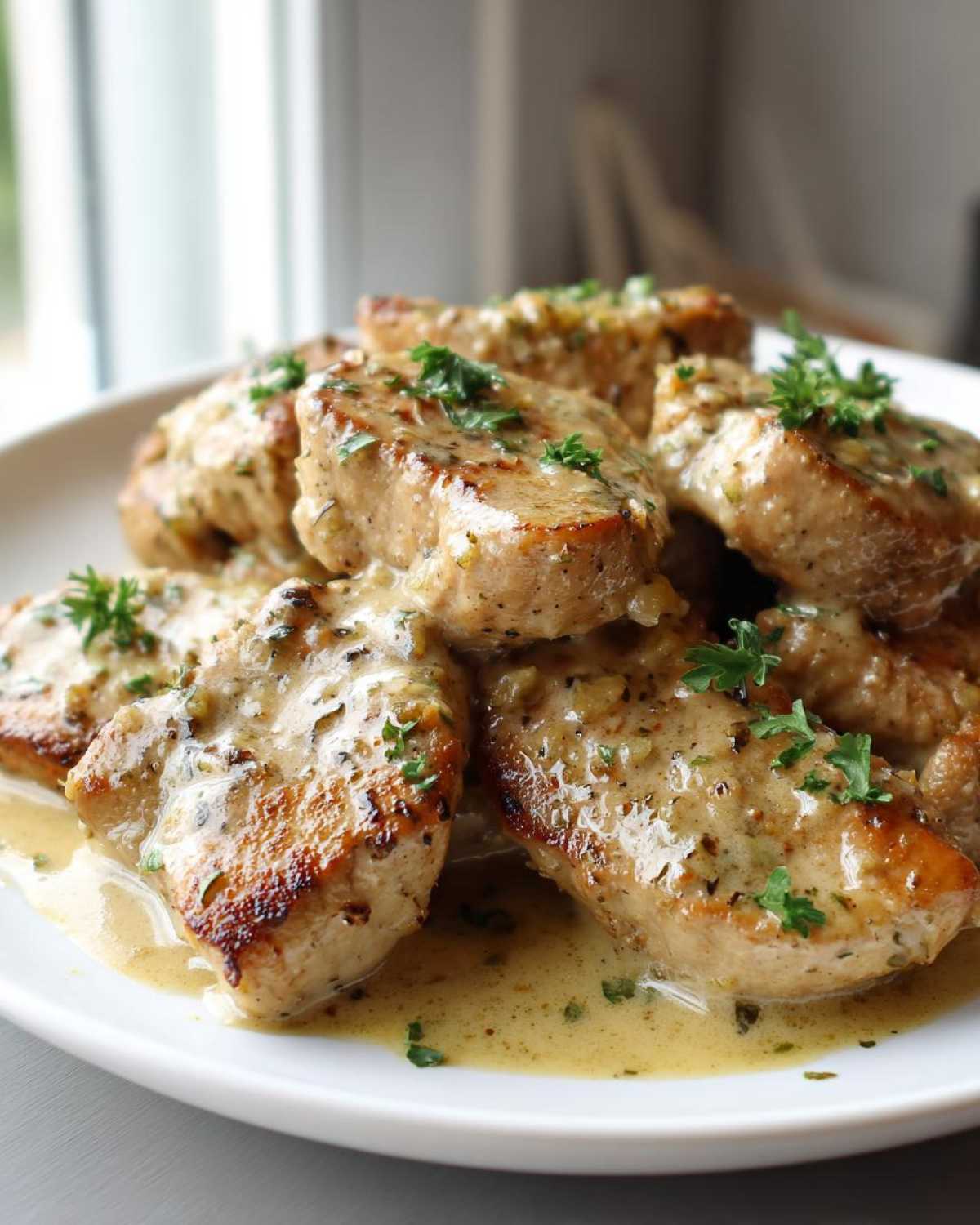 Close-up of seared One-Pan Creamy Garlic Butter Pork Tenderloin Medallions covered in rich sauce and parsley.