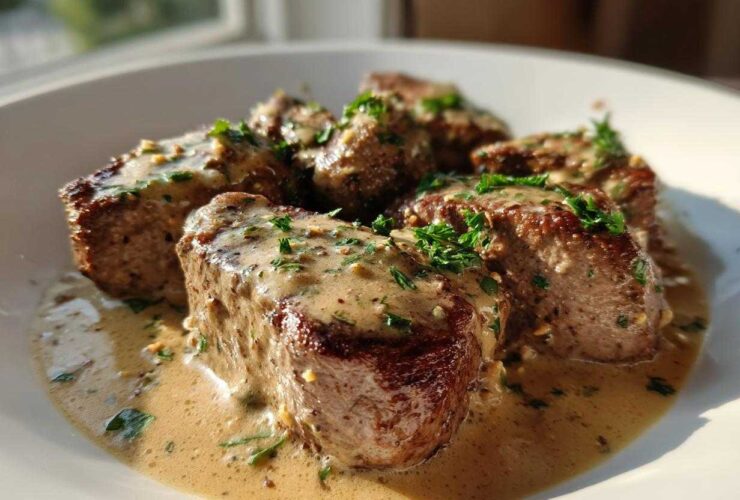 Close-up of seared One-Pan Creamy Garlic Butter Pork Tenderloin Medallions covered in sauce and parsley.