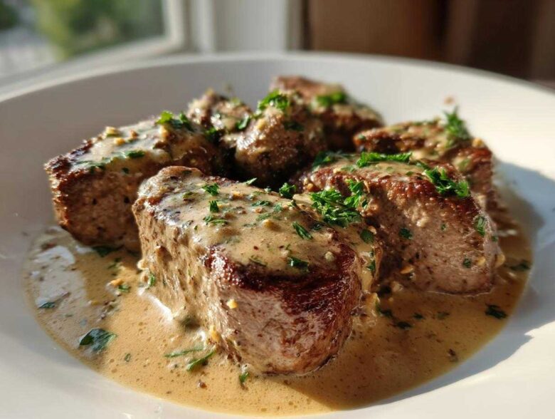 Close-up of seared One-Pan Creamy Garlic Butter Pork Tenderloin Medallions covered in sauce and parsley.