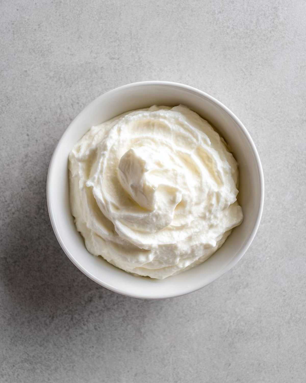 Overhead view of a white bowl filled with thick, white creamy horseradish sauce on a light gray surface.