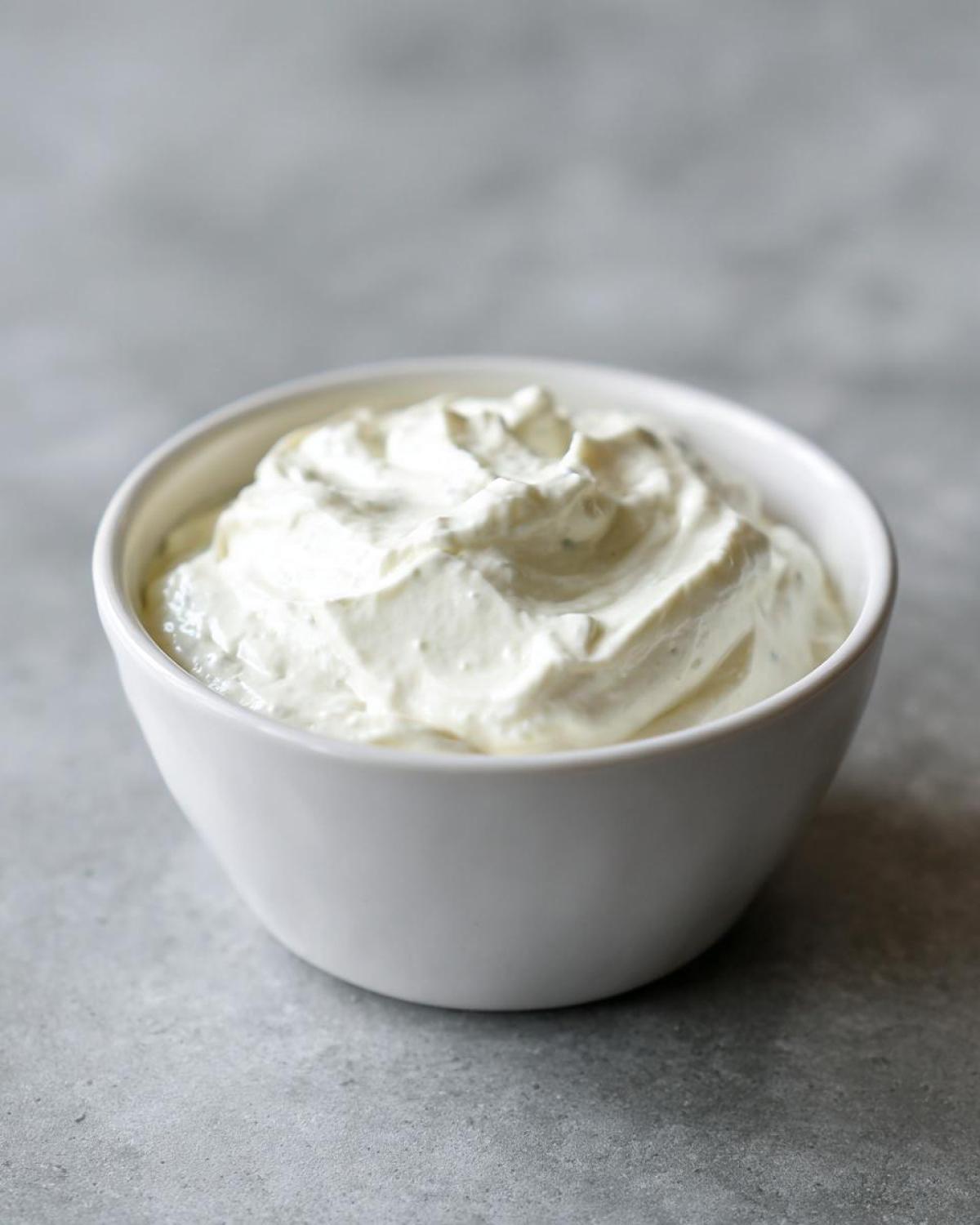 A white bowl filled with thick, fluffy creamy horseradish sauce against a neutral gray surface.