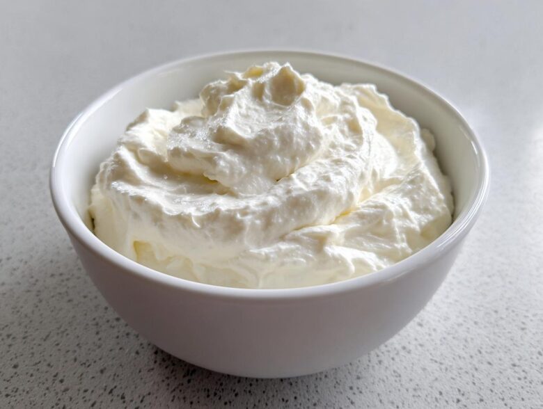 A close-up of fluffy, white creamy horseradish sauce swirled high in a small white bowl.