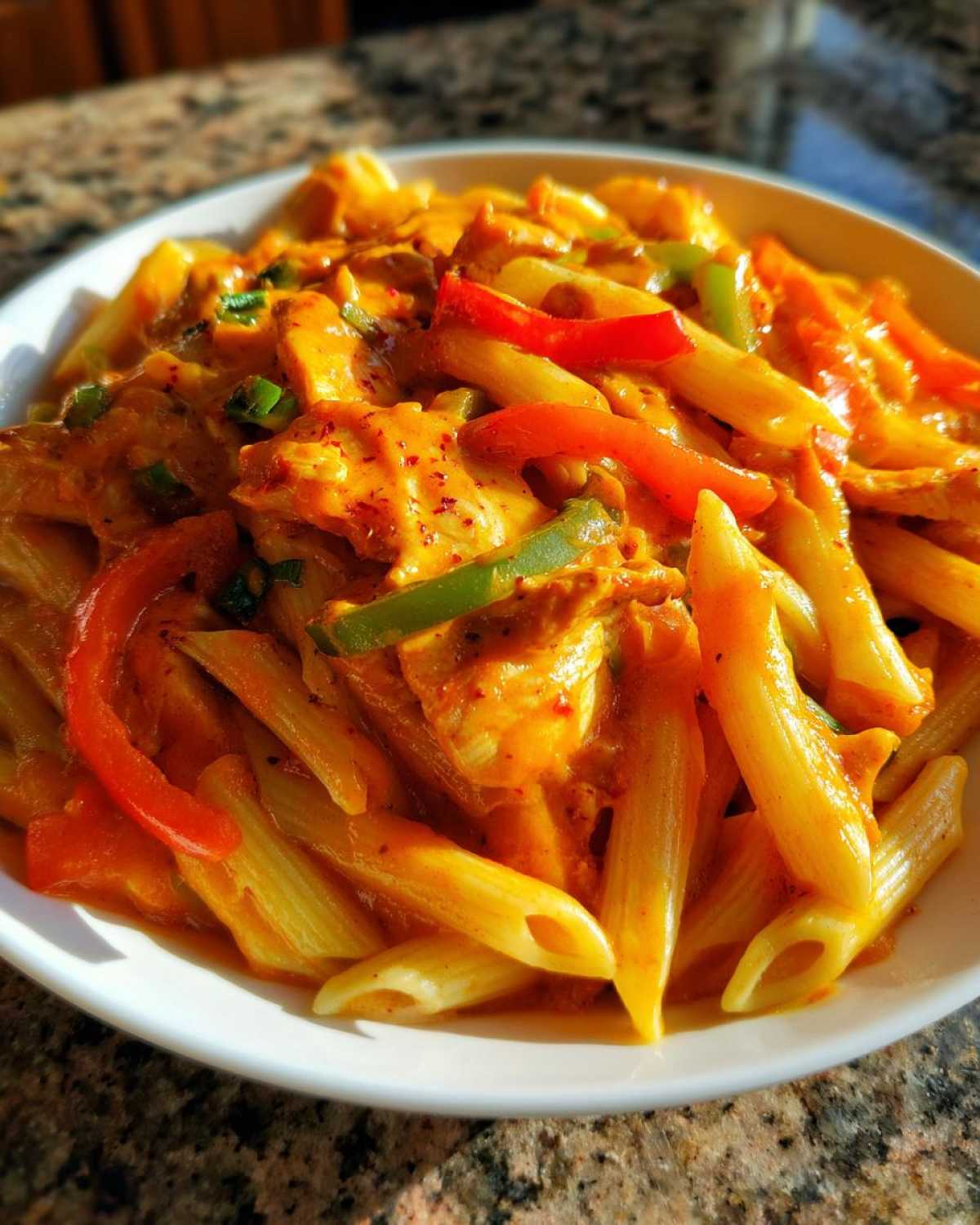 A close-up view of a white bowl filled with vibrant Rasta Pasta featuring penne, chicken, and colorful bell peppers in a creamy sauce.