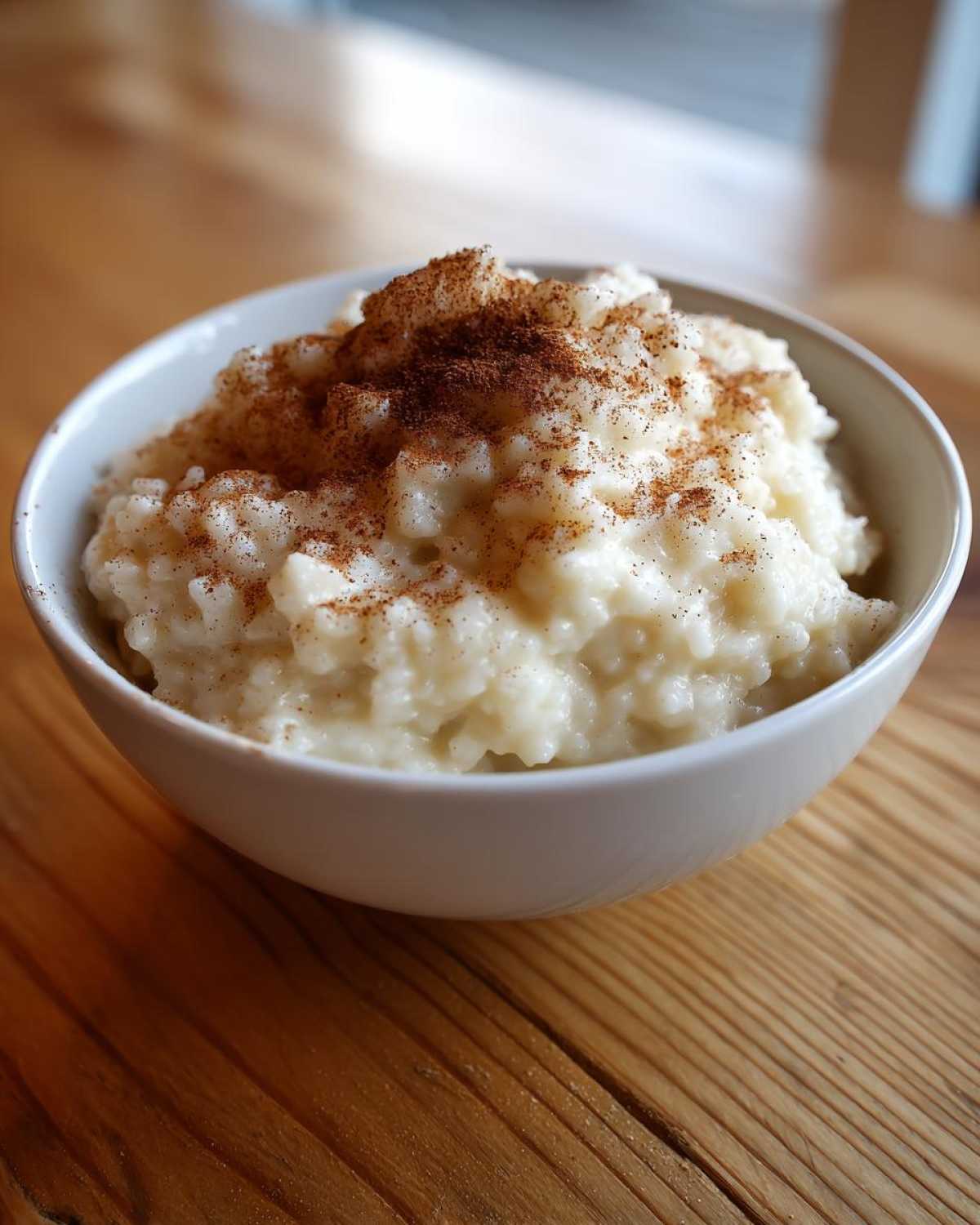 A close-up of a bowl of creamy rice pudding recipe sprinkled generously with cinnamon.