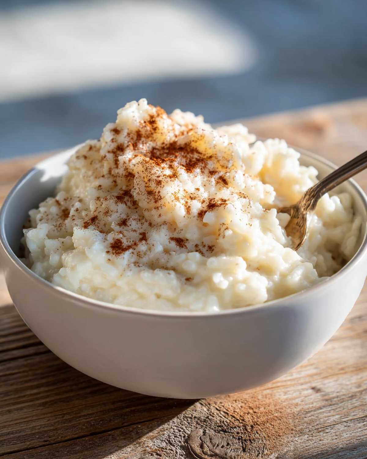 Close-up of a bowl of creamy rice pudding recipe sprinkled generously with cinnamon.