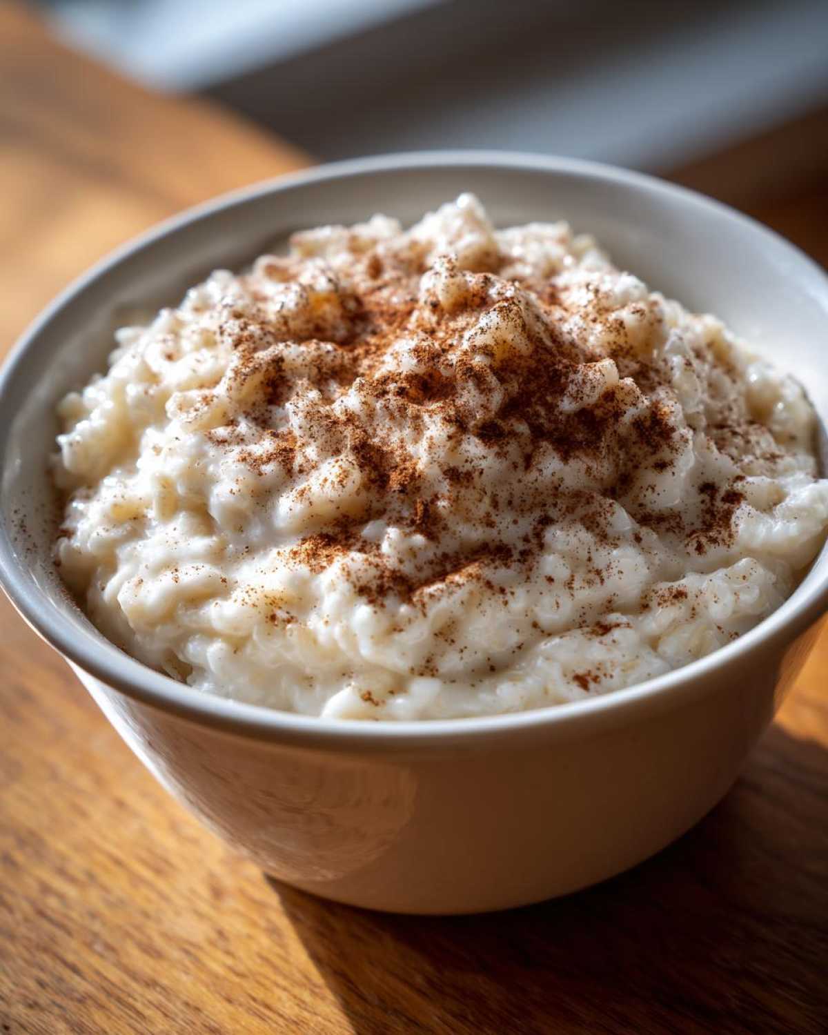 Close-up of a bowl filled with creamy rice pudding recipe, generously dusted with ground cinnamon.