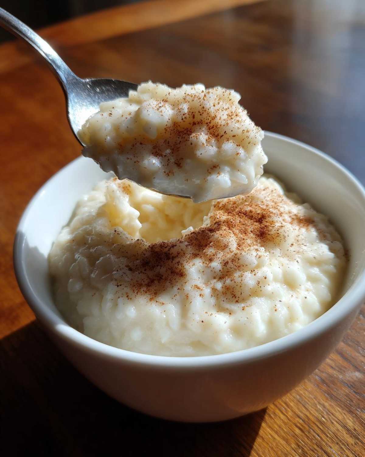 A spoonful of creamy rice pudding recipe topped with cinnamon being lifted from a white bowl.