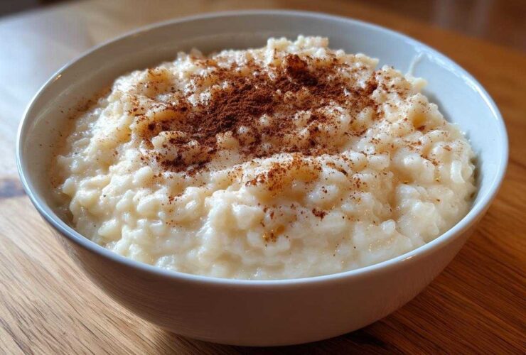 A close-up of a creamy bowl of rice pudding recipe, generously sprinkled with ground cinnamon.