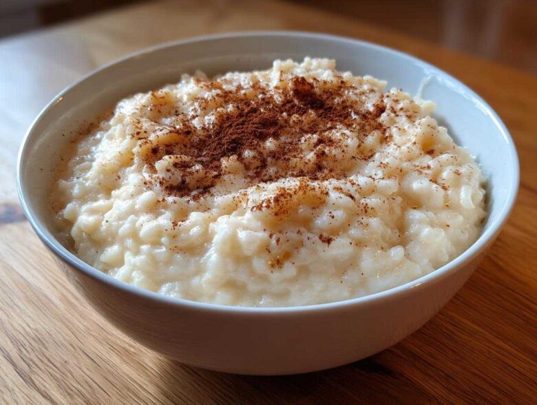 A close-up of a creamy bowl of rice pudding recipe, generously sprinkled with ground cinnamon.