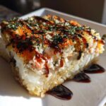 A square serving of creamy sushi bake topped with furikake, roe, and a drizzle of eel sauce.