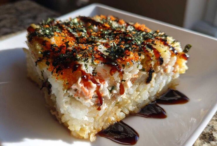 A square serving of creamy sushi bake topped with furikake, roe, and a drizzle of eel sauce.