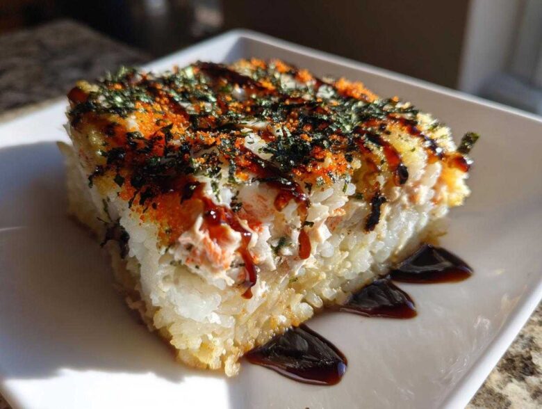 A square serving of creamy sushi bake topped with furikake, roe, and a drizzle of eel sauce.