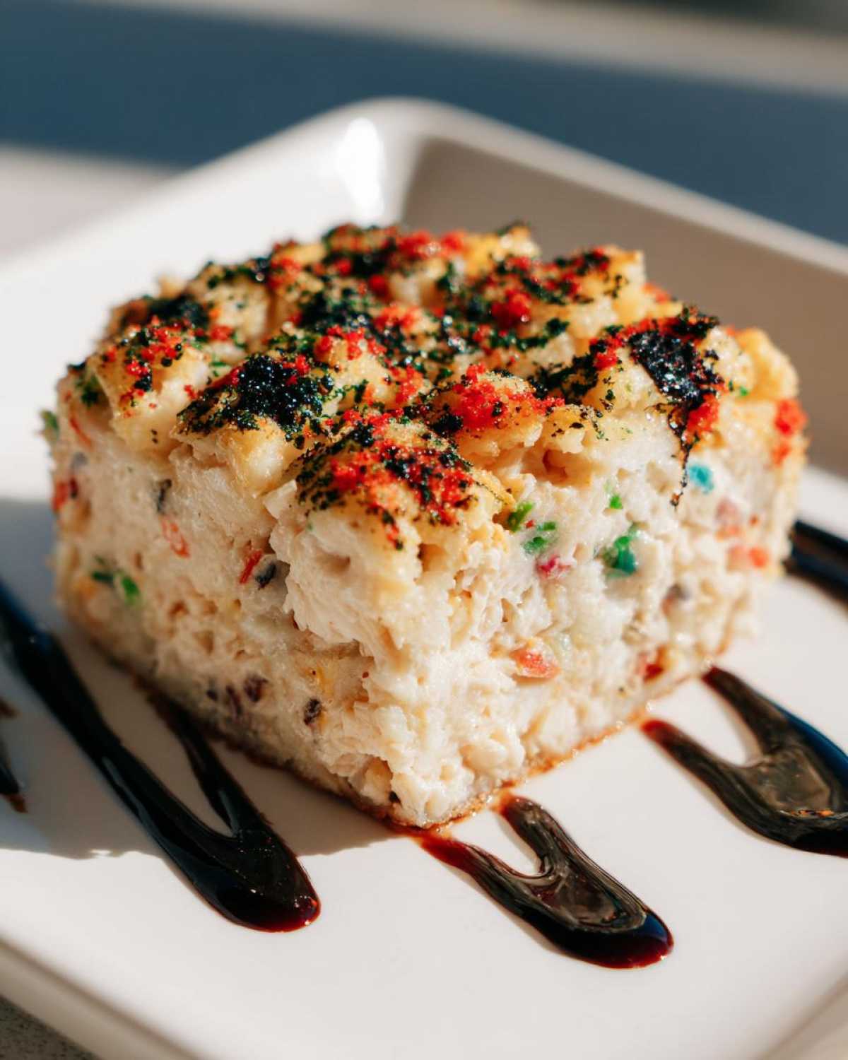 A square serving of creamy sushi bake topped with colorful furikake, drizzled with dark sauce on a white plate.