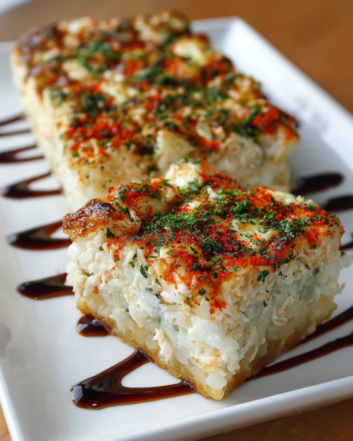 A close-up of a creamy sushi bake slice, topped with furikake and drizzled with soy sauce.