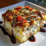 A perfectly baked slice of creamy sushi bake served on a white plate, drizzled with sauces and topped with tobiko.