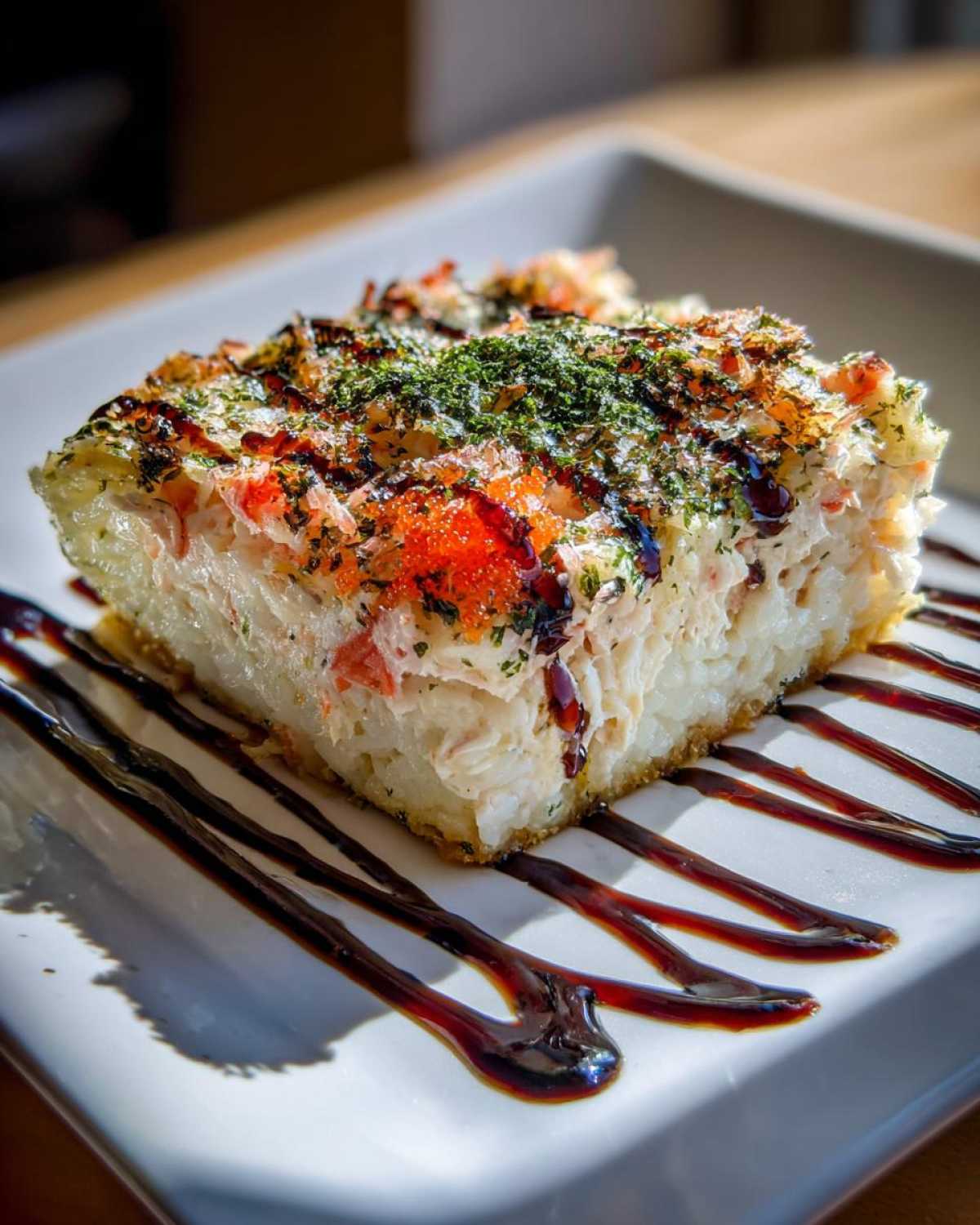 A square slice of creamy sushi bake topped with bright orange tobiko, seaweed flakes, and drizzled with dark sauce.