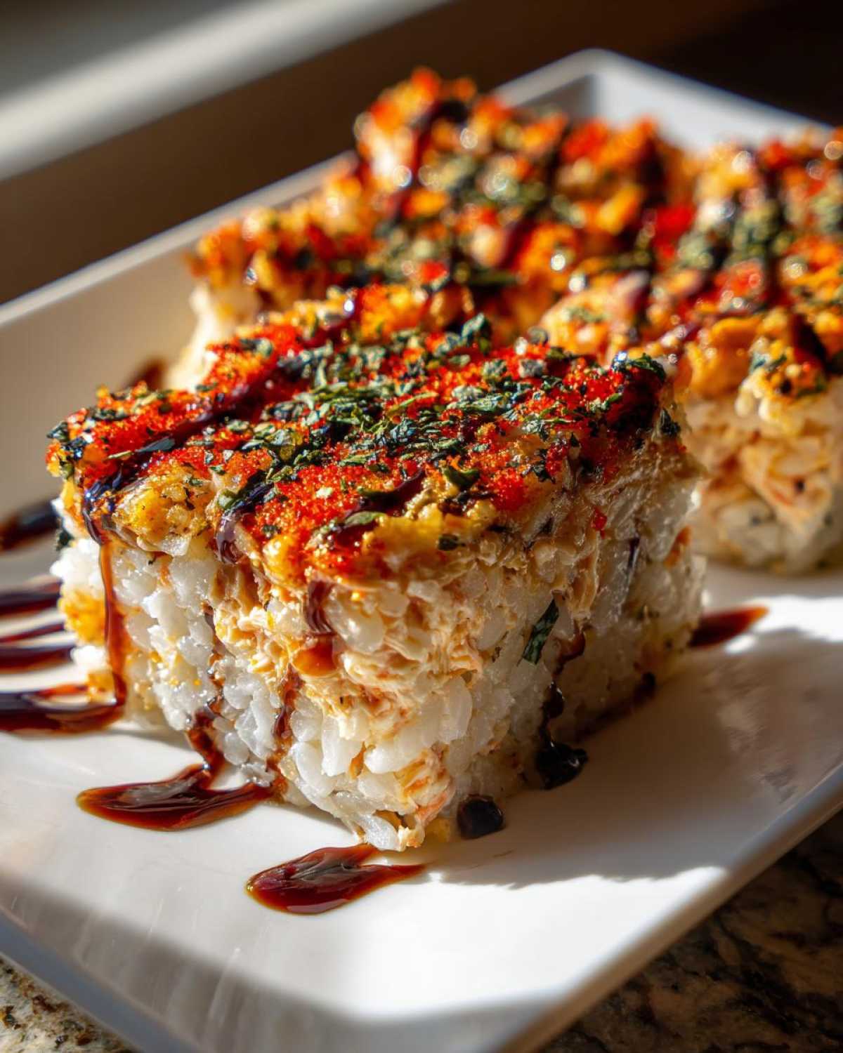 Close-up of a square piece of creamy sushi bake topped with red roe and seaweed, drizzled with dark sauce.