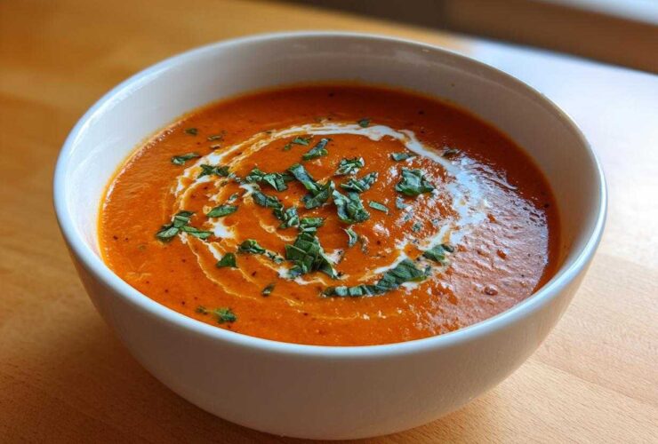 A close-up of a white bowl filled with rich, orange tomato bisque, swirled with cream and topped with fresh basil.