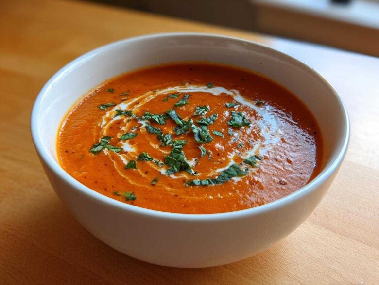 A close-up of a white bowl filled with rich, orange tomato bisque, swirled with cream and topped with fresh basil.