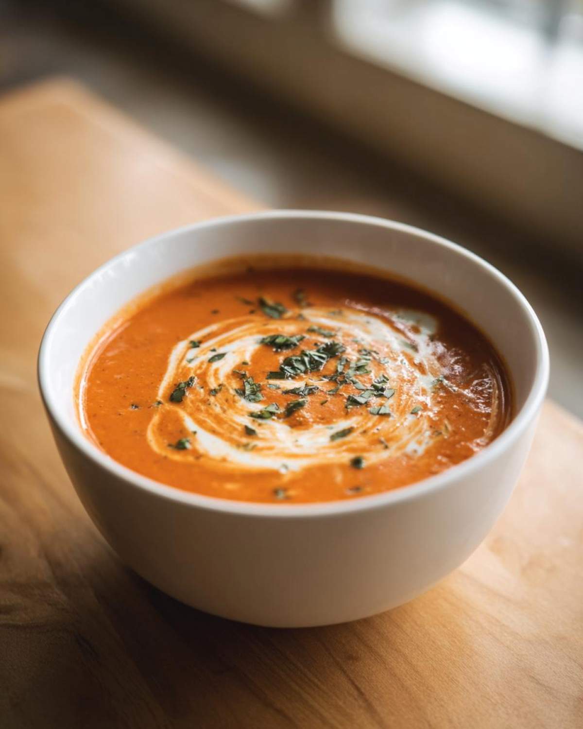 A white bowl filled with vibrant orange tomato bisque, swirled with cream and topped with fresh herbs.