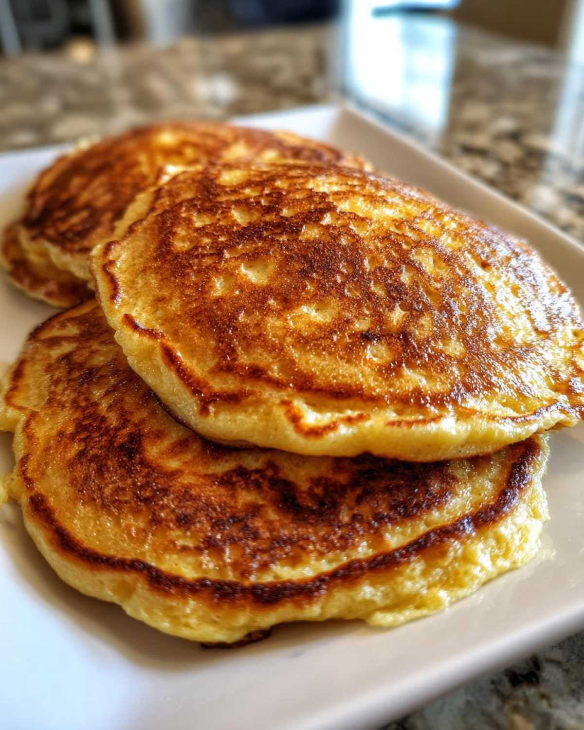 Close-up of a stack of three golden-brown coconut flour pancakes on a white plate.